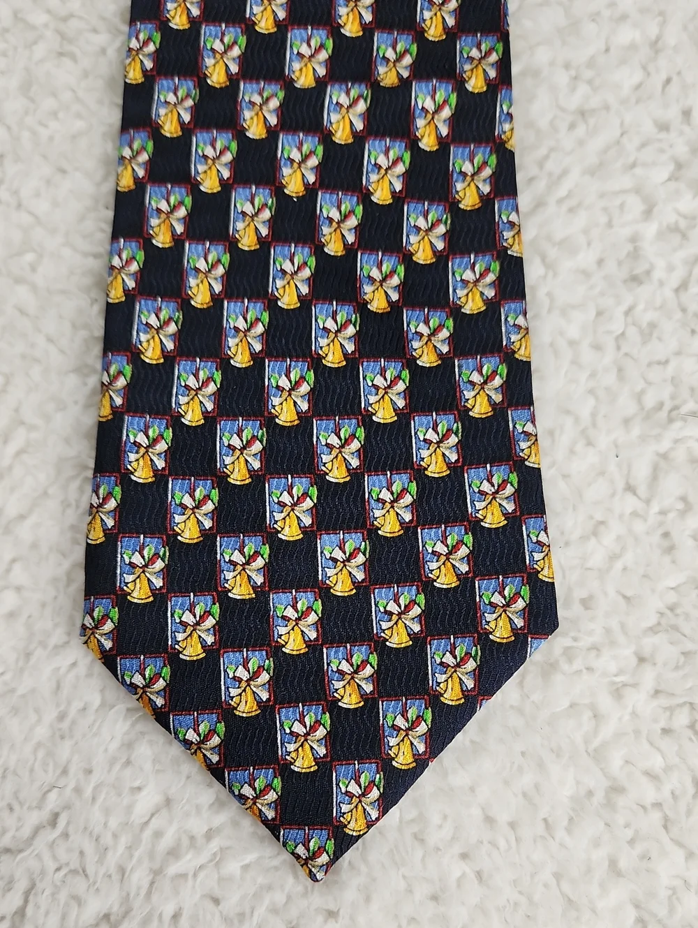 Silk Navy Men's Tie w Christmas Holiday Bell Motif, Keith Daniels